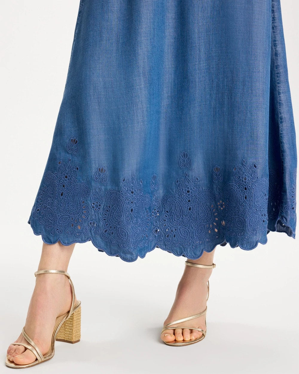 Chico's Indigo Twill Embroidered Hem Skirt
