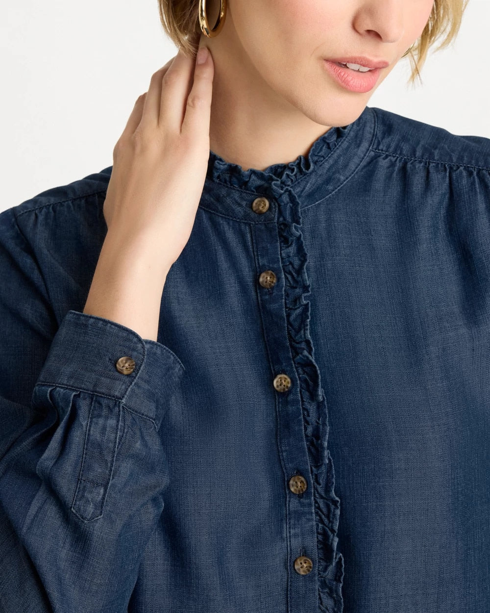 Chico's Tencel Denim Ruffled Popover Shirt