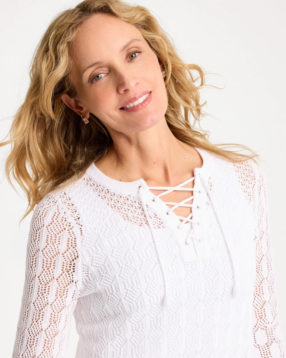 Chico's Cotton-Linen Lace Notch-Neck Sweater