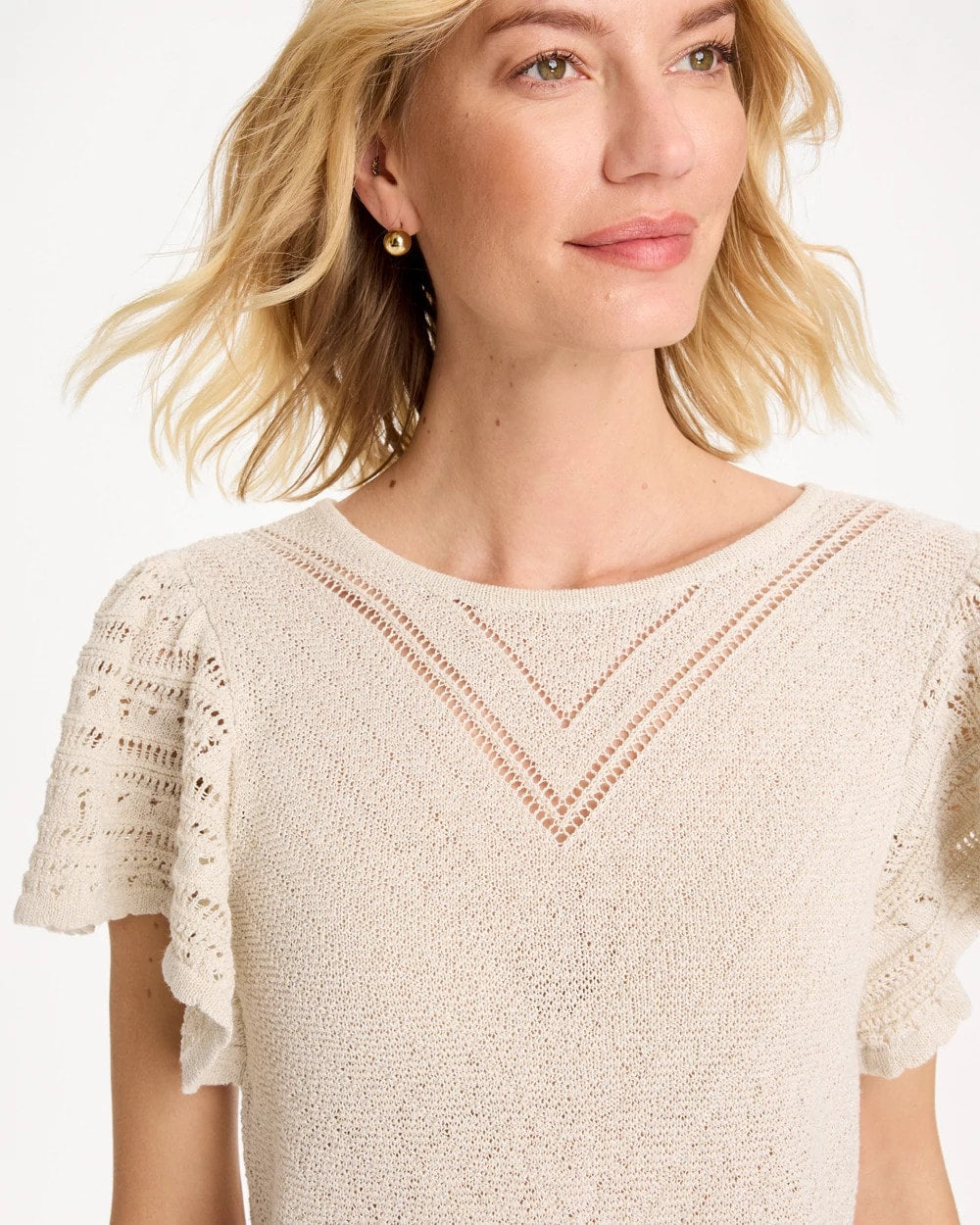 Chico's Pointelle Metallic Flutter-Sleeve Pullover