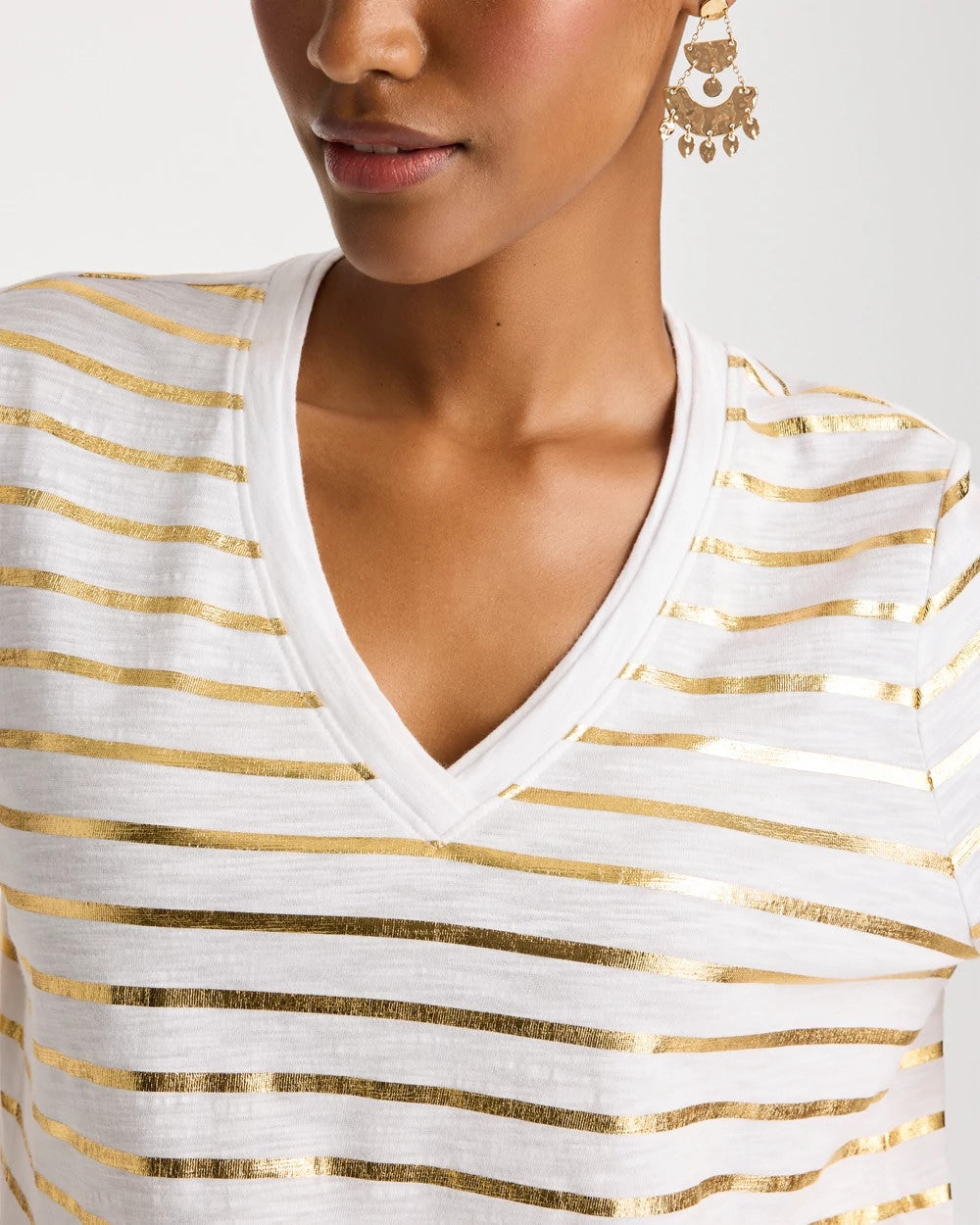 Chico's Striped Cotton Slub V-Neck Tee