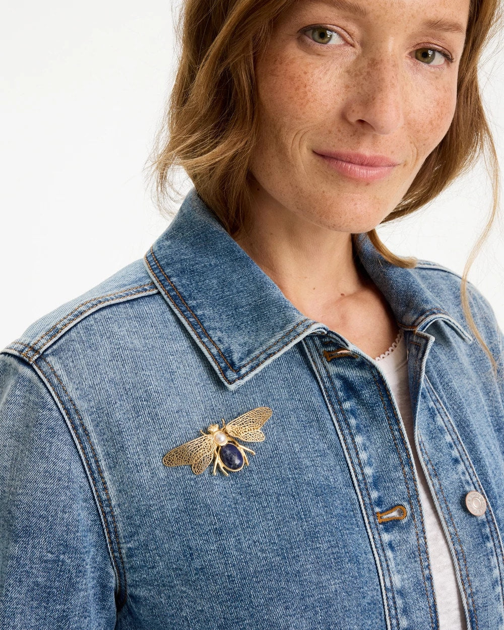 Chico's Sodalite Stone Pearl Bee Brooch
