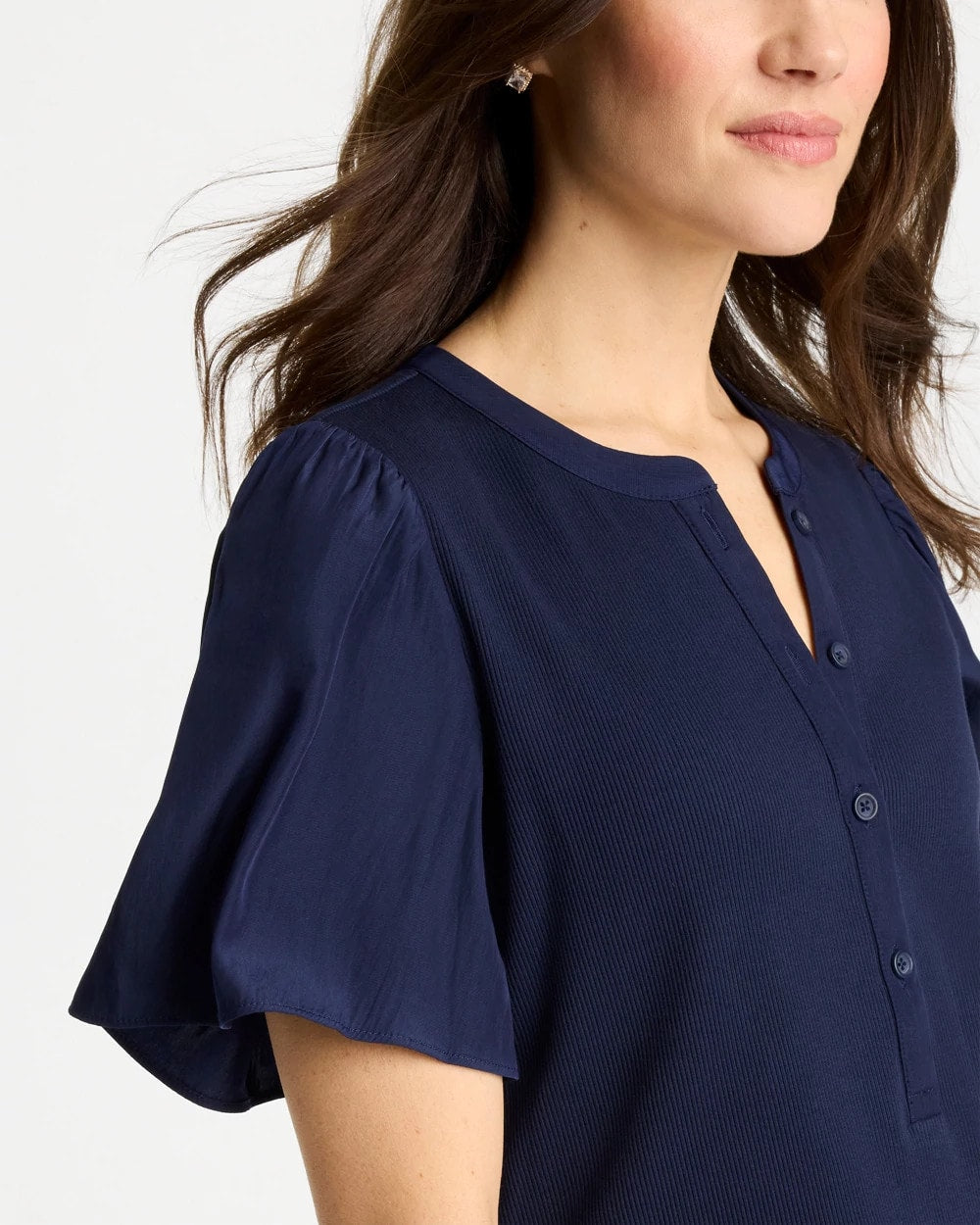 Chico's Rib Knit Woven Flutter Sleeve Tee