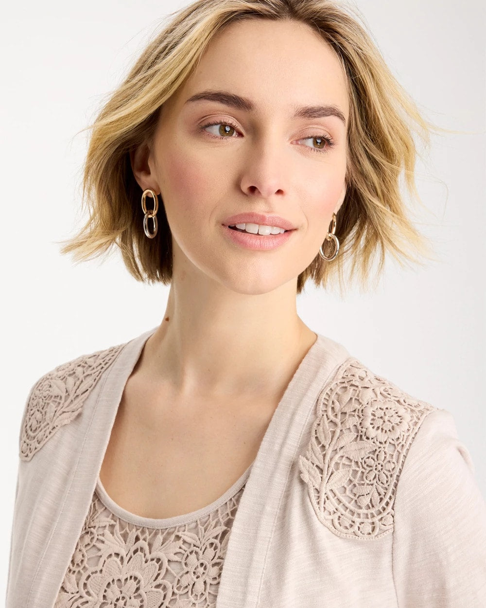 Chico's Embroidered Cotton Slub 3/4 Sleeve Cardigan