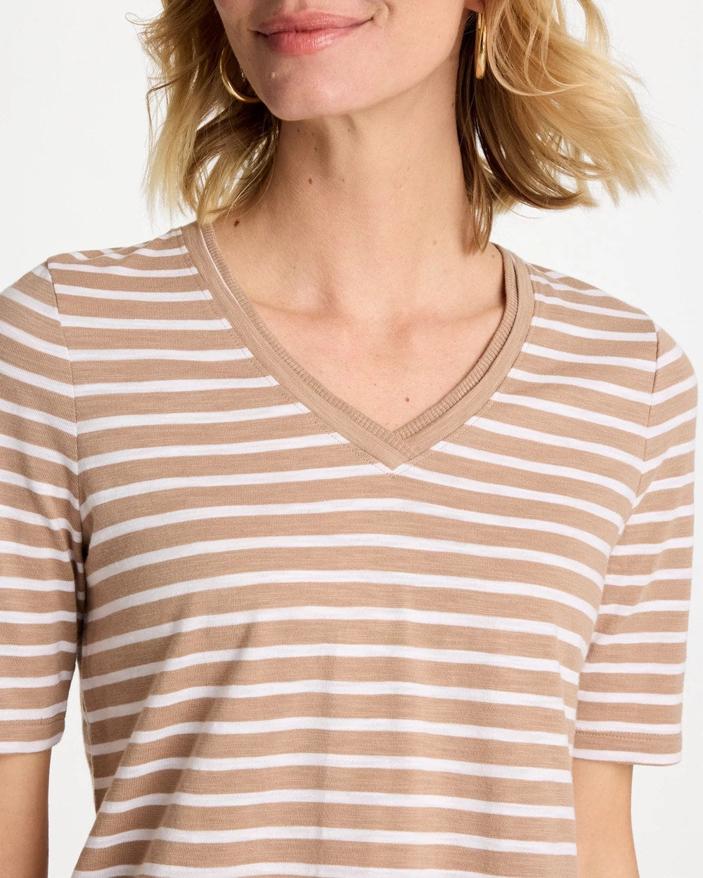Chico's Striped Cotton Slub V-Neck Tee