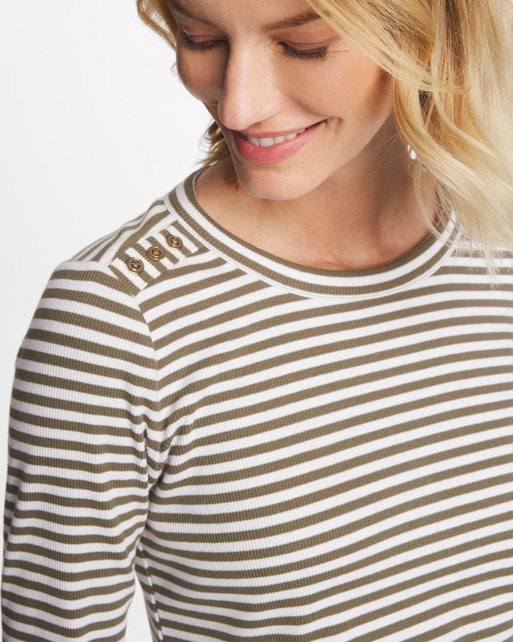 Chico's Striped Ribbed Button Crewneck Tee