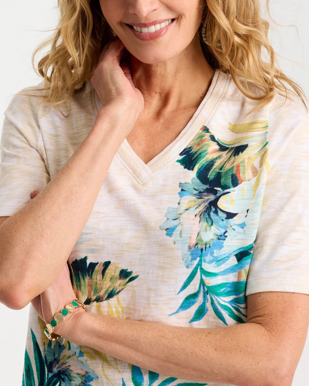 Chico's Printed Cotton Slub V-Neck Tee