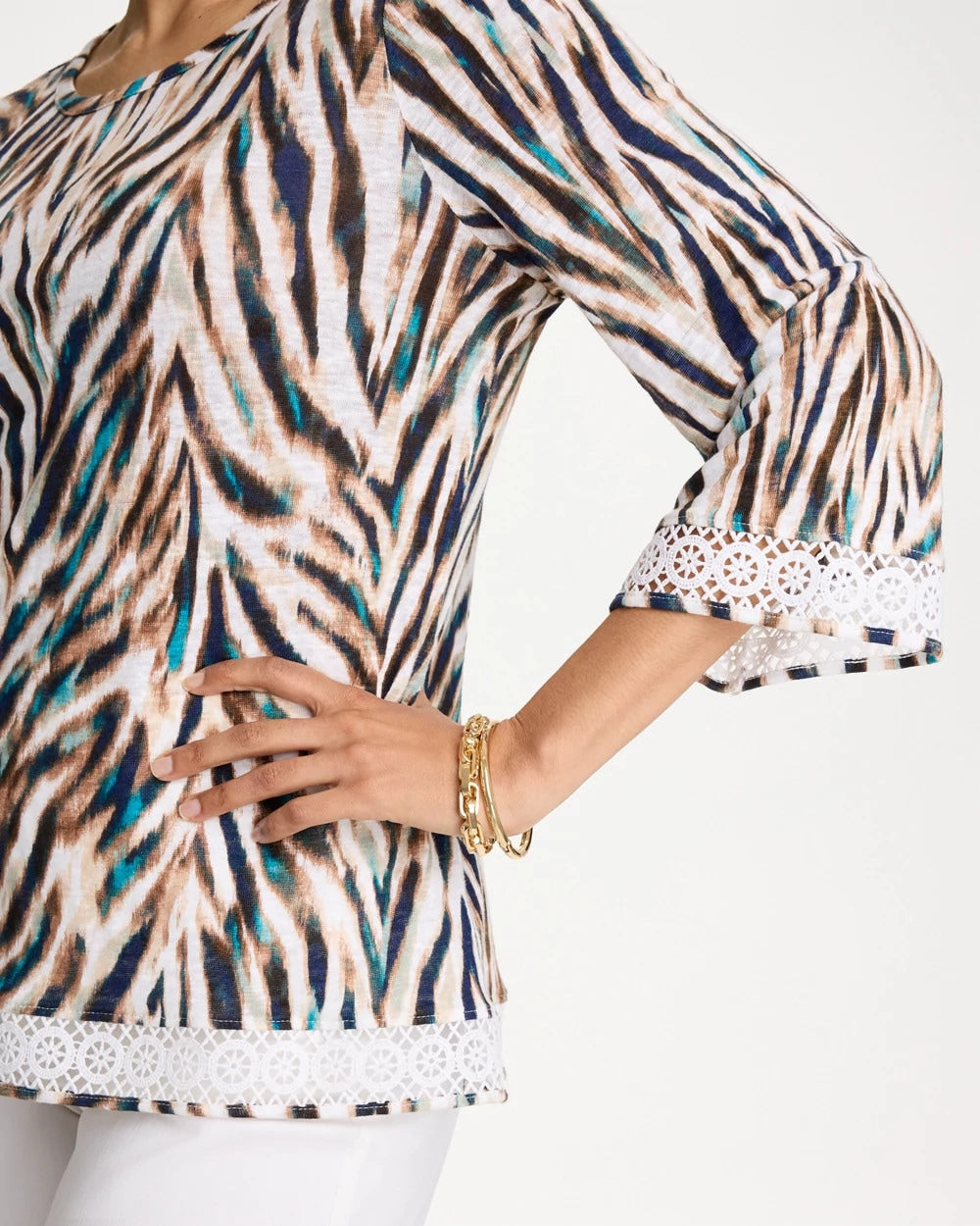 Chico's Tiger Linen Crochet Lace Tee