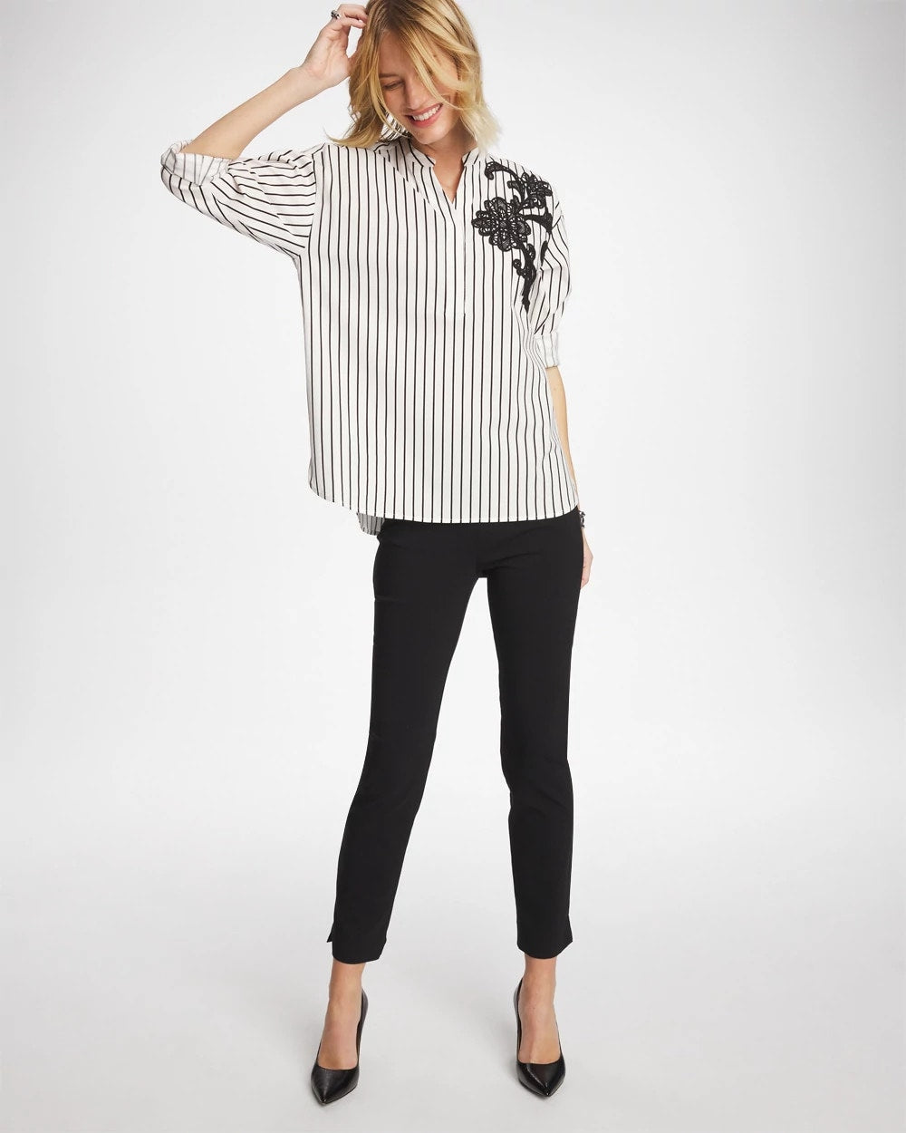 Chico's Striped Poplin Applique Tunic