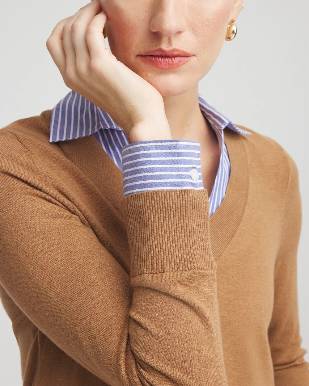 Chico's Camel Built-In Shirt Knit Sweater