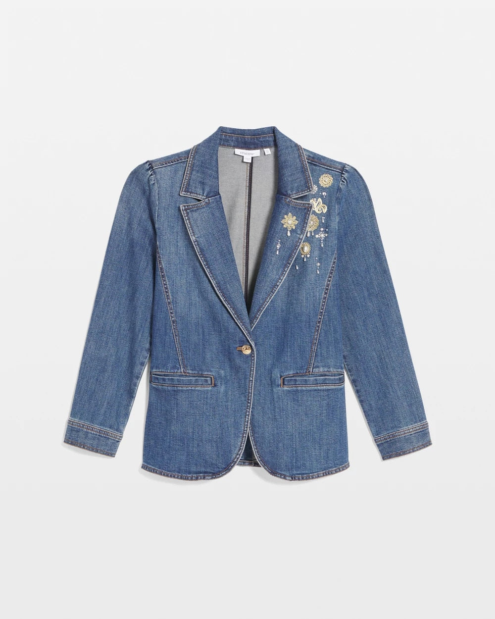 Chico's Pearl Brooch Denim Blazer