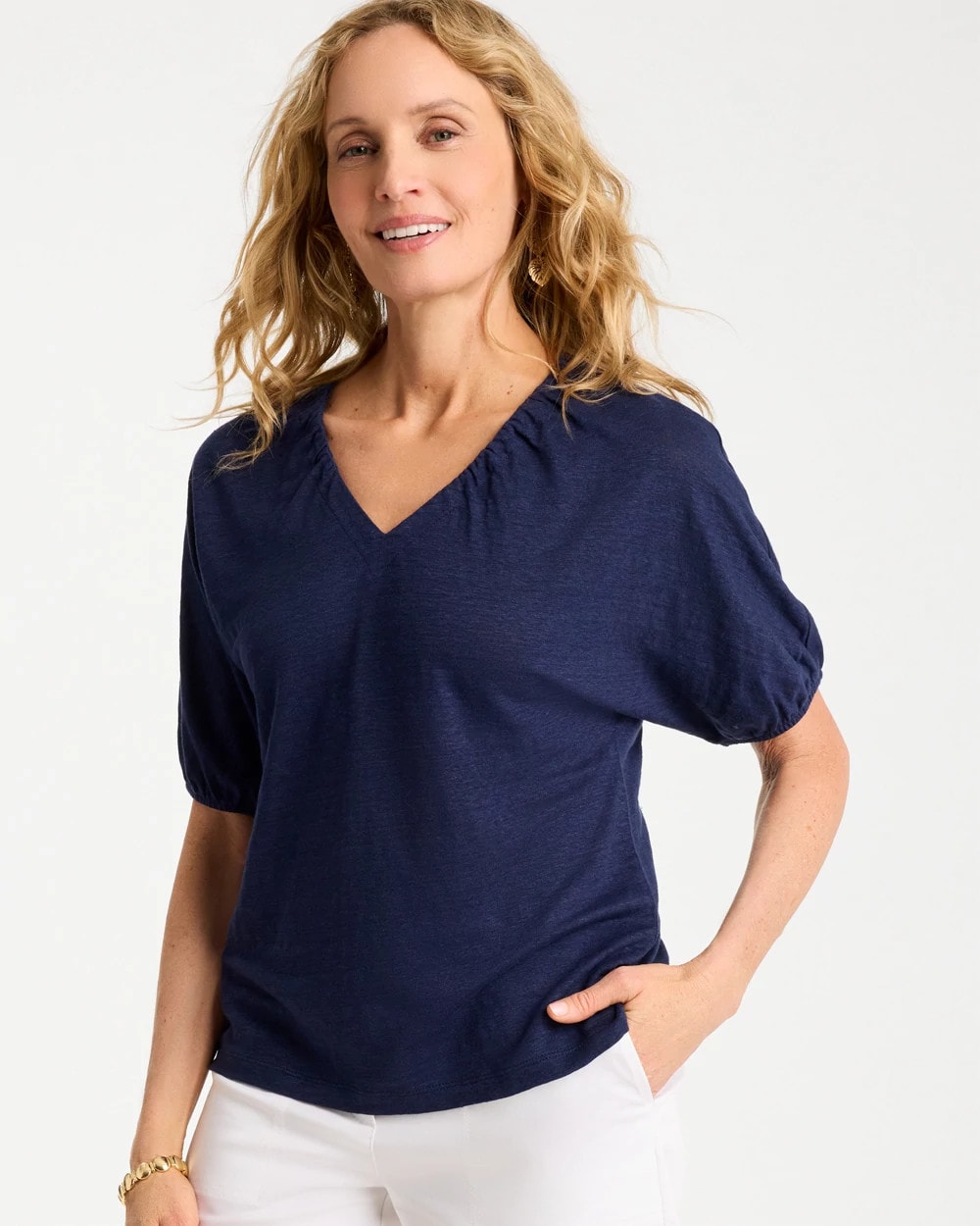 Chico's Linen Ruched V-Neck Tee