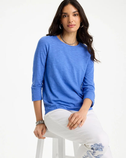 Chico's Cotton Slub 3/4 Sleeve Button Tee