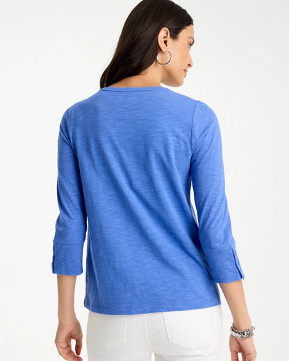 Chico's Cotton Slub 3/4 Sleeve Button Tee