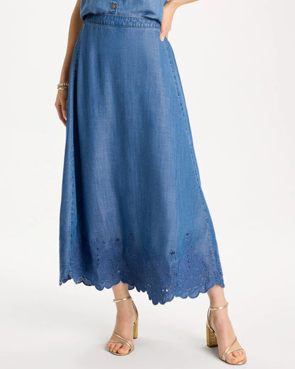Chico's Indigo Twill Embroidered Hem Skirt