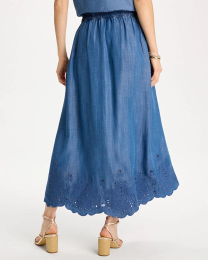 Chico's Indigo Twill Embroidered Hem Skirt