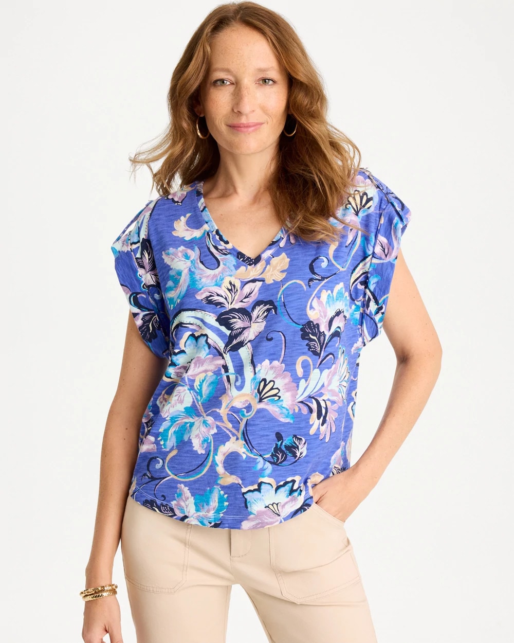 Chico's Paisley Cotton Slub Epaulette Tee