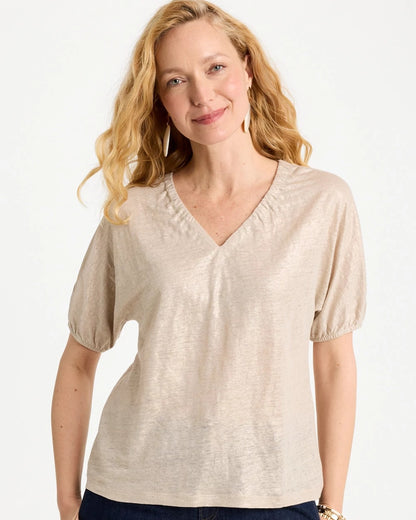 Chico's Fog Foiled Linen Ruched V-Neck Tee