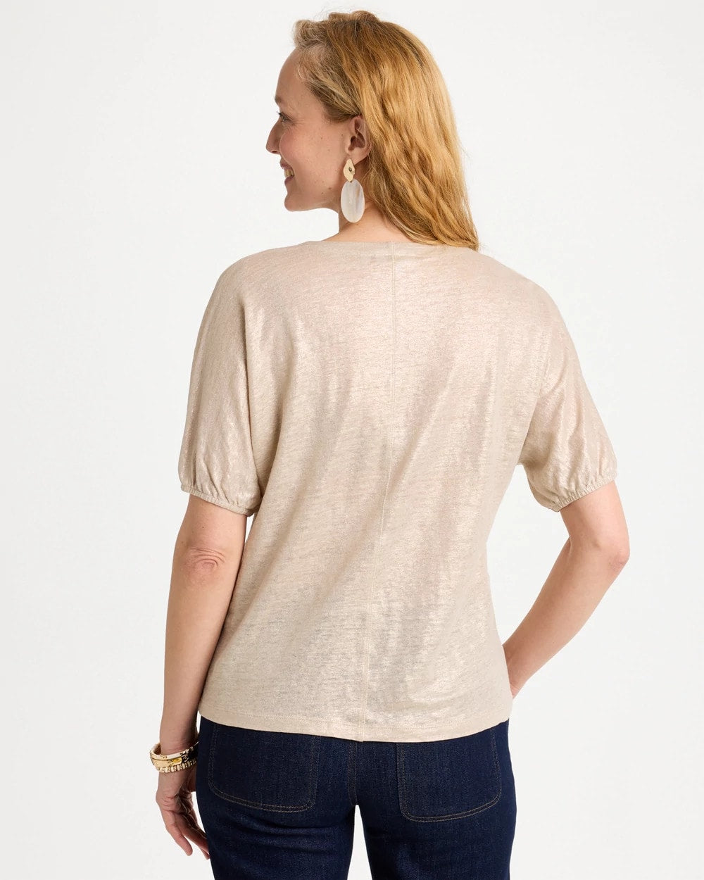 Chico's Fog Foiled Linen Ruched V-Neck Tee