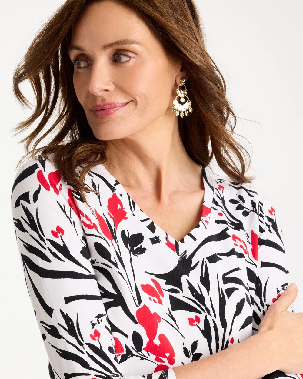 Chico's Cotton Stretch 3/4 Sleeve Floral Tee