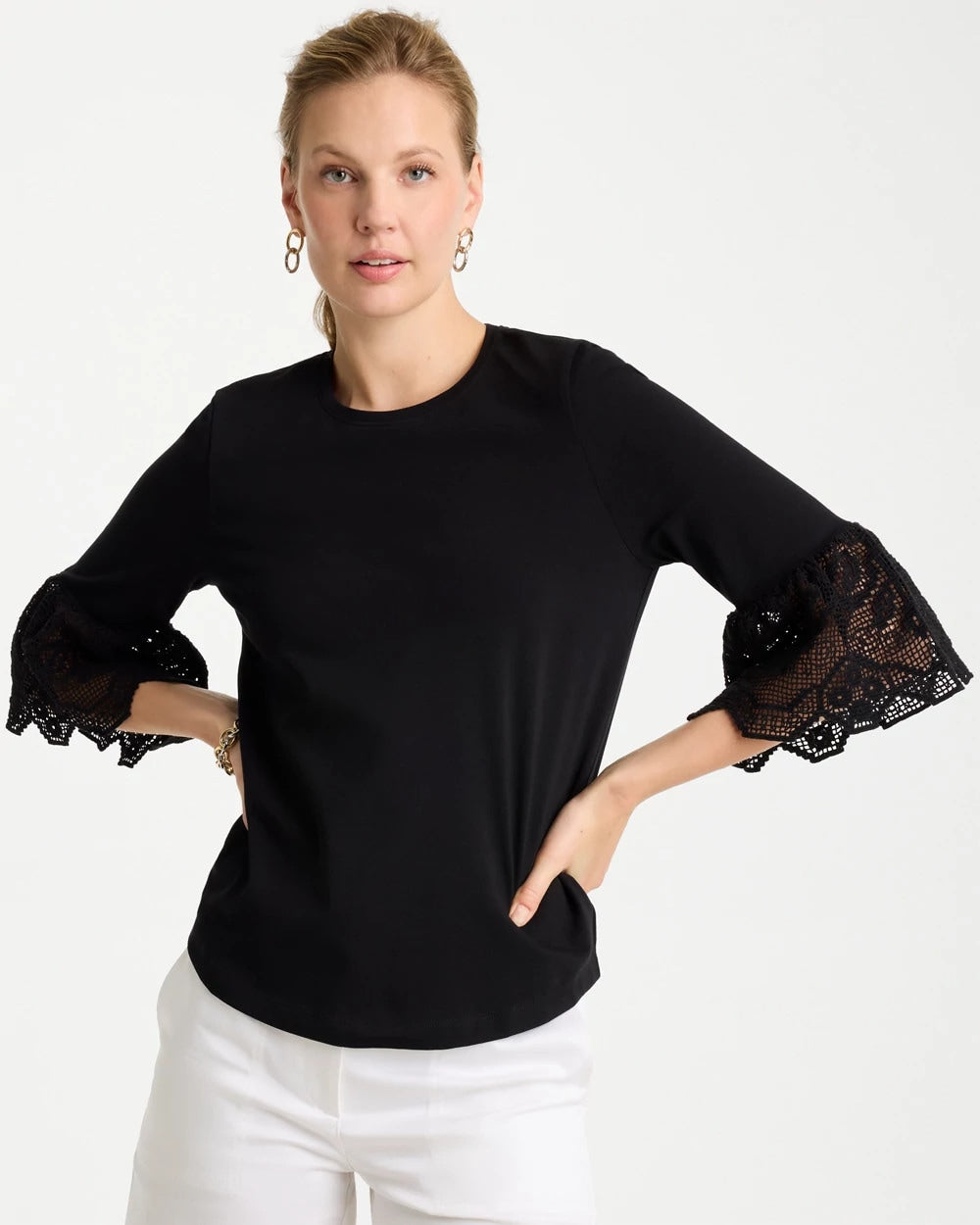 Chico's Cotton Lace Flutter Sleeve Tee