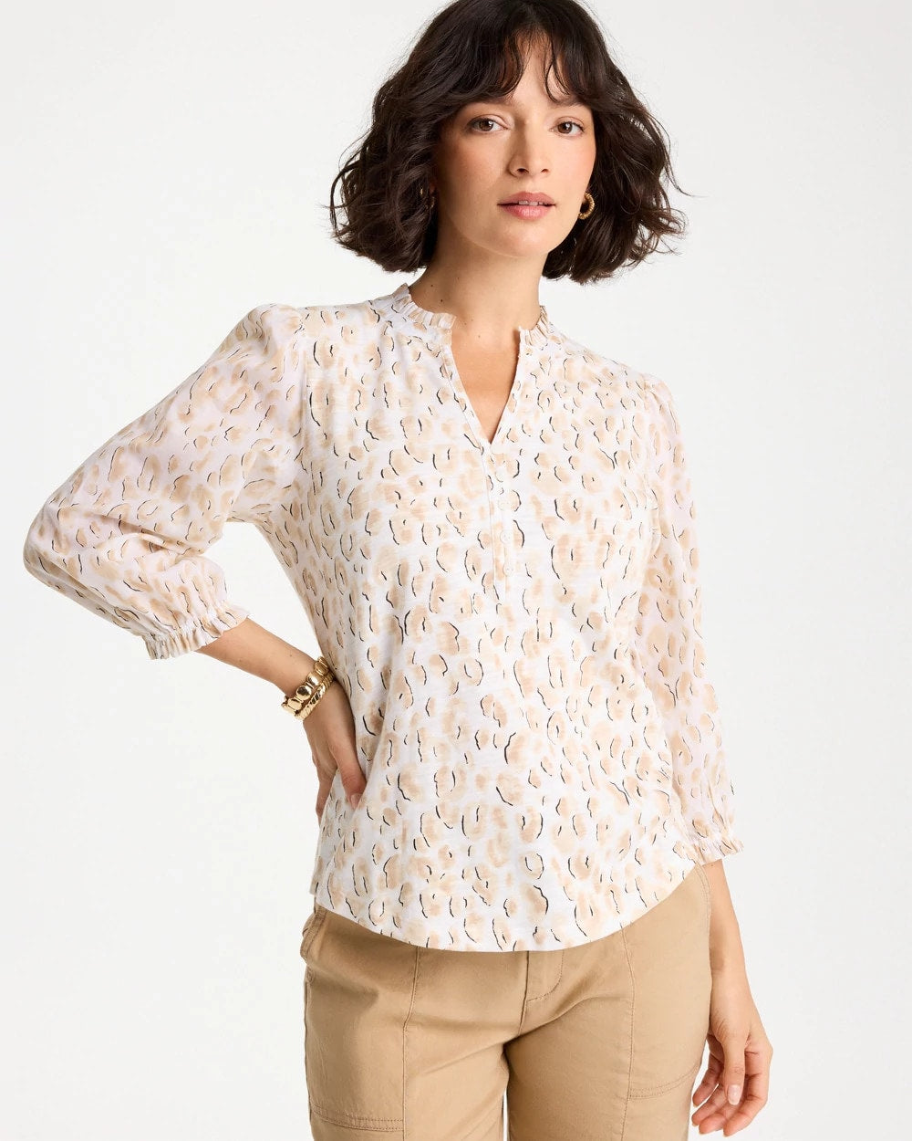Chico's Animal Print Ruffled V-Neck Top