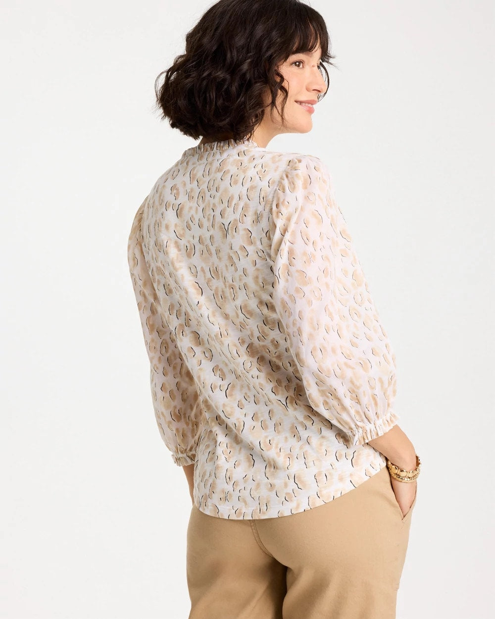 Chico's Animal Print Ruffled V-Neck Top