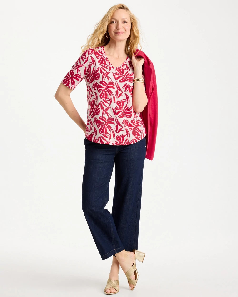 Chico's Printed Cotton Slub V-Neck Tee