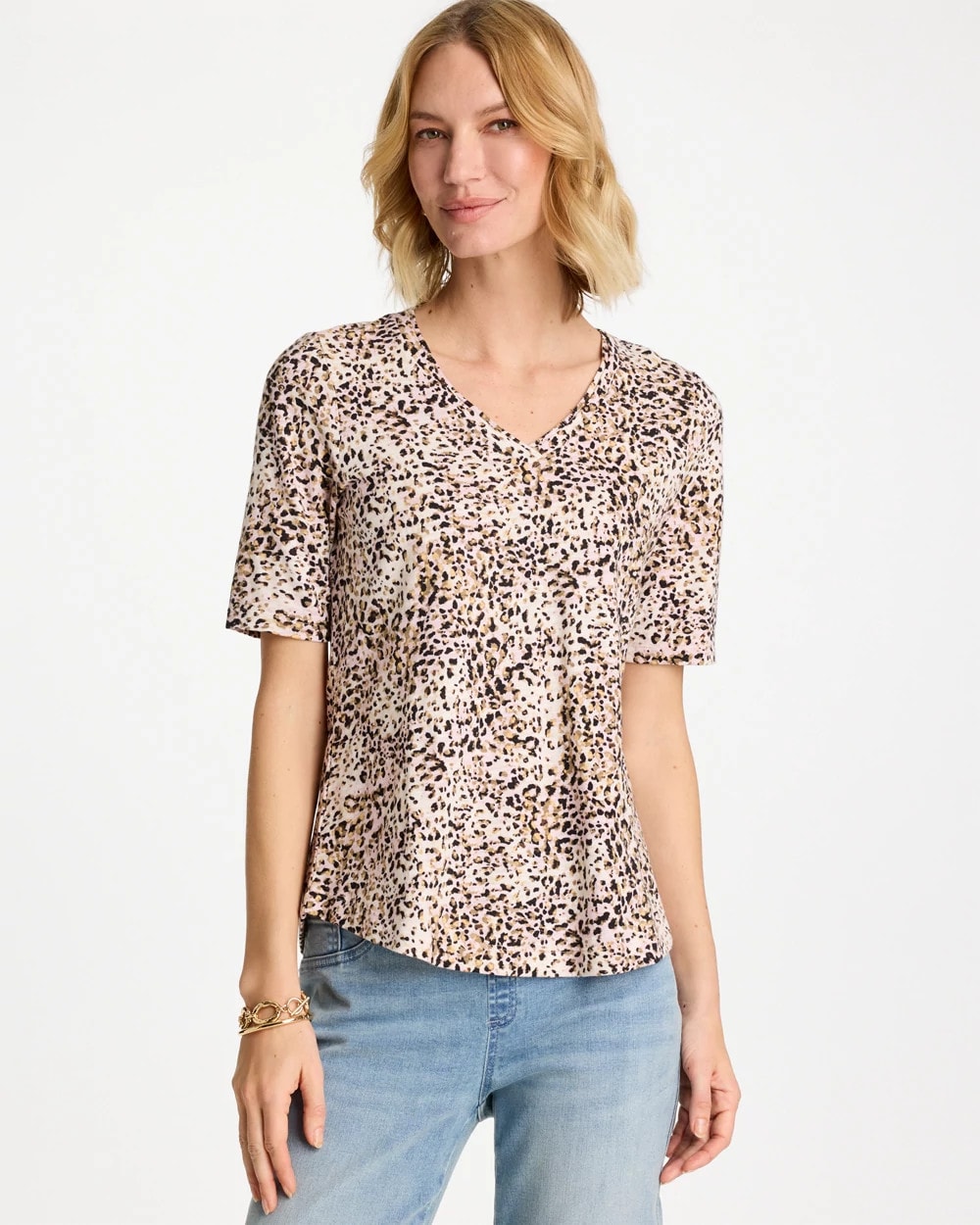 Chico's Printed Cotton Slub V-Neck Tee