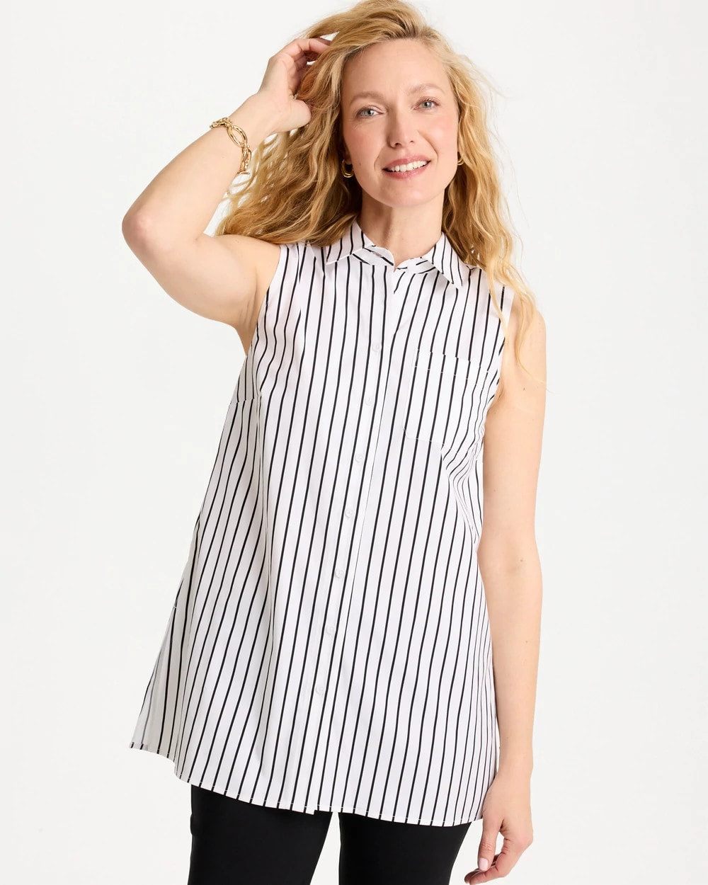 Chico's Poplin Cotton Collared Striped Tunic