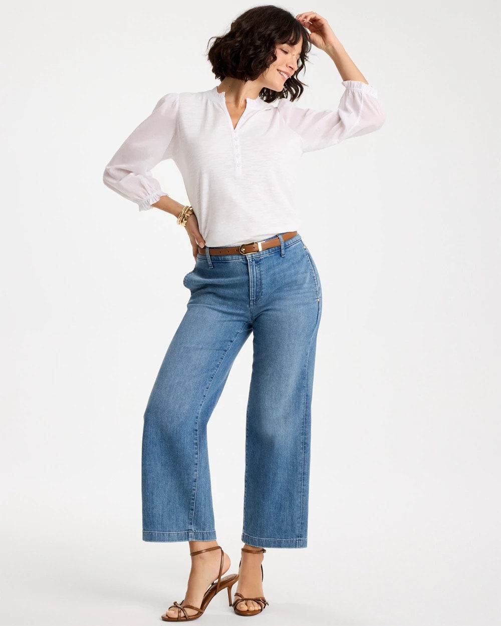 Chico's Ruffled V-Neck 3/4 Sleeve Top