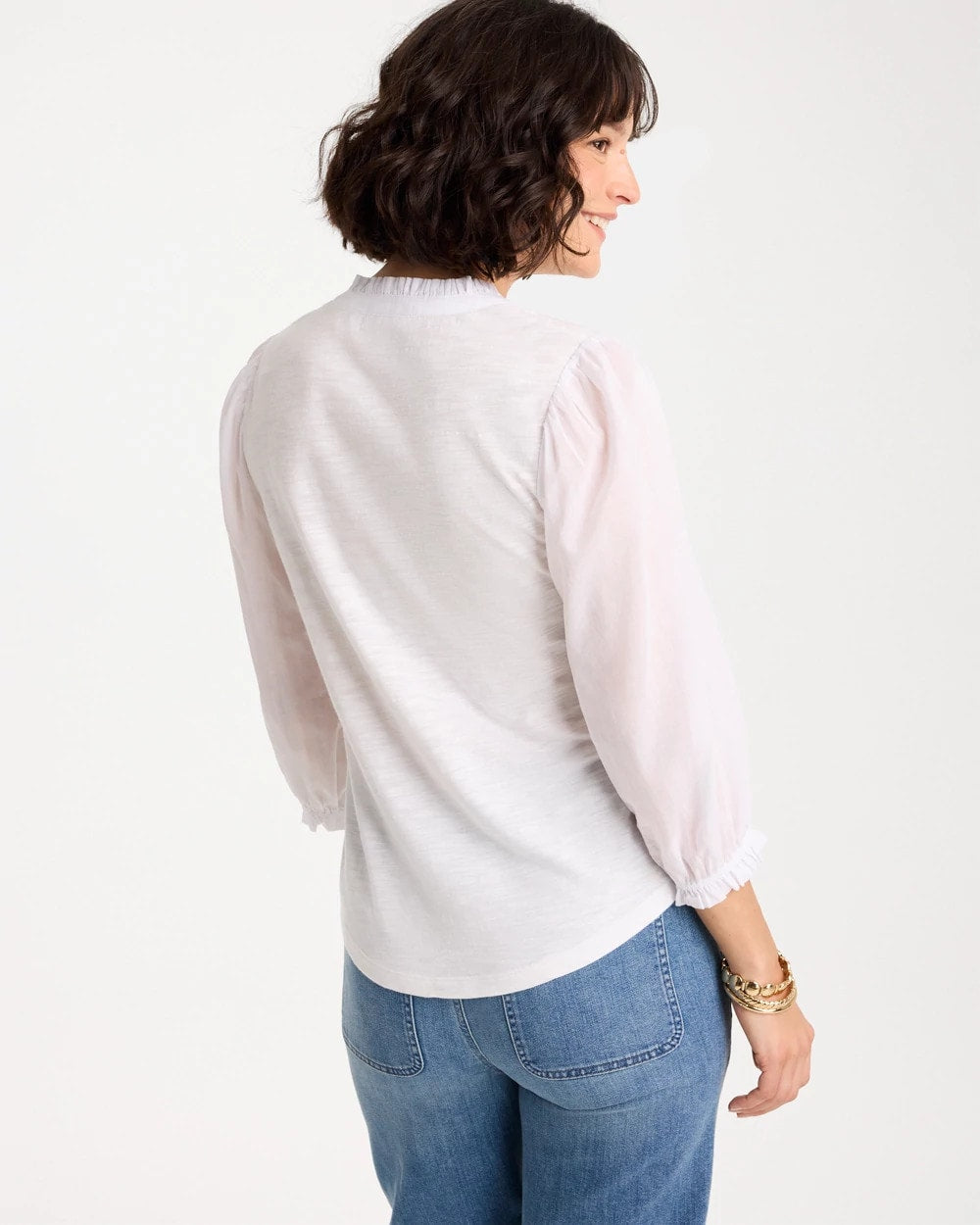 Chico's Ruffled V-Neck 3/4 Sleeve Top