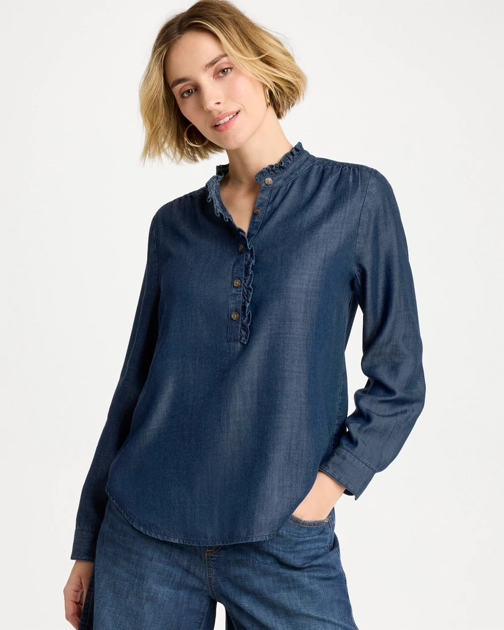 Chico's Tencel Denim Ruffled Popover Shirt