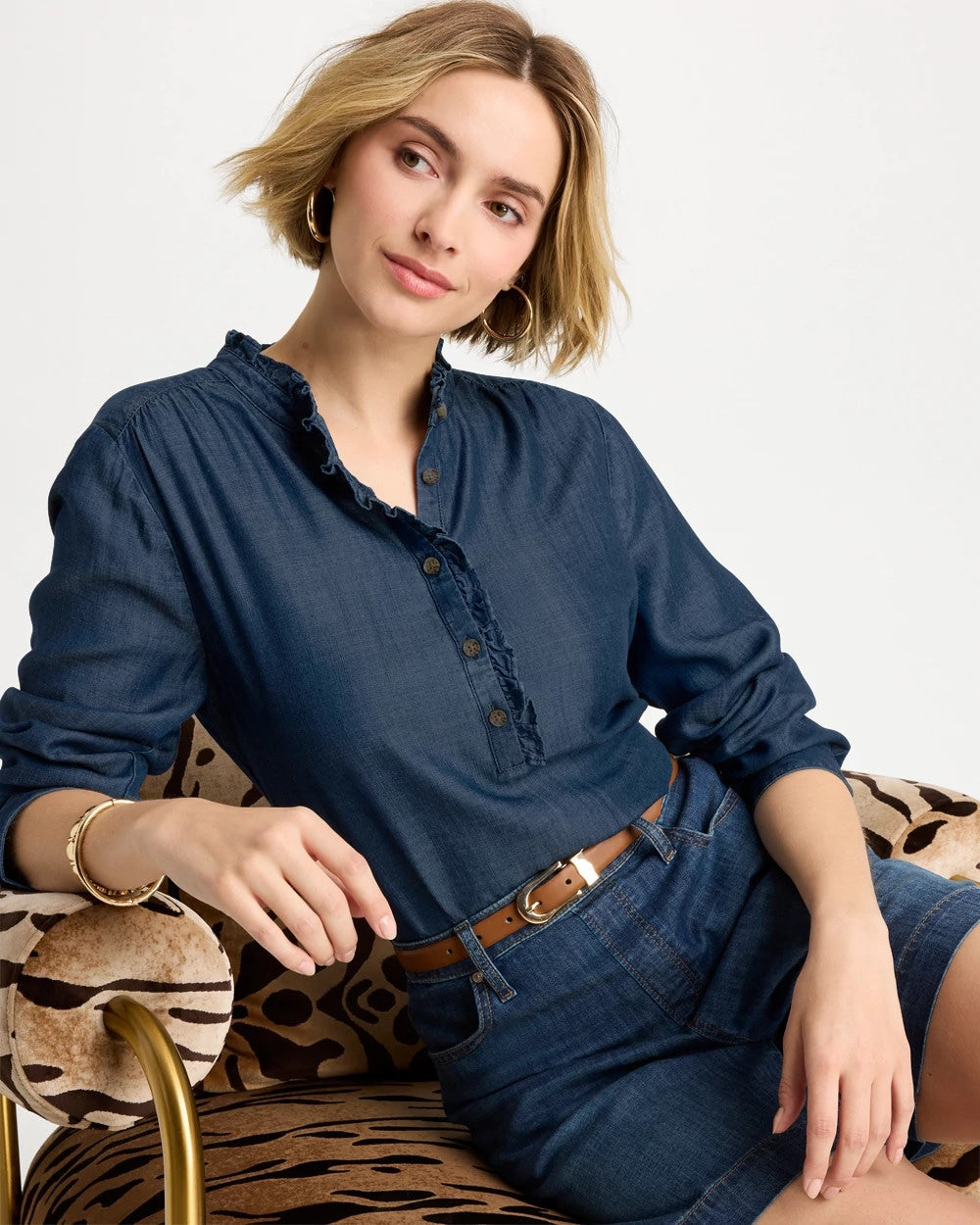 Chico's Tencel Denim Ruffled Popover Shirt