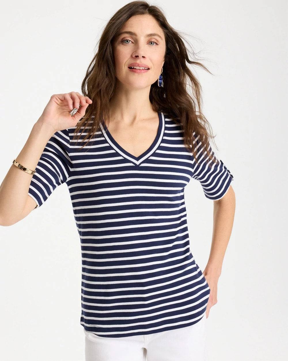 Chico's Pima Striped Elbow Sleeve Tee
