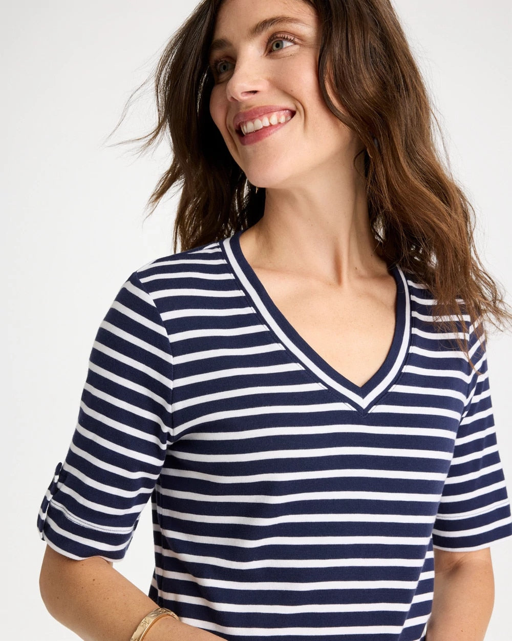 Chico's Pima Striped Elbow Sleeve Tee