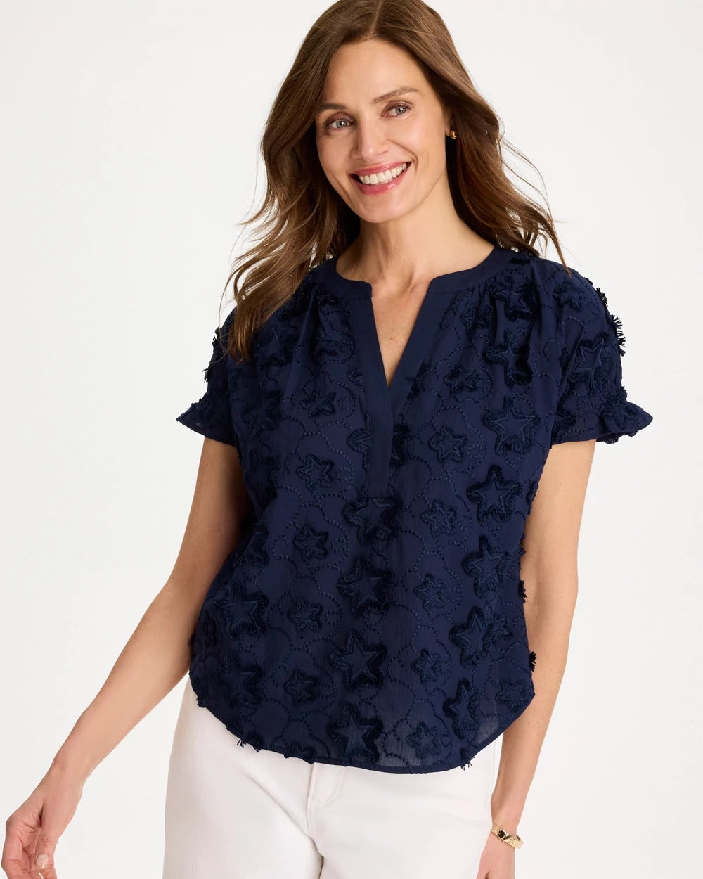 Chico's Cotton Embroidered Americana Star Blouse