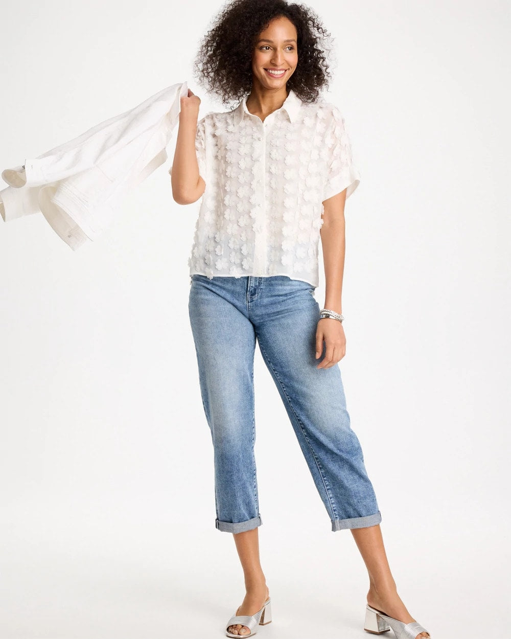 Chico's 3D Floral Chiffon Camp Shirt