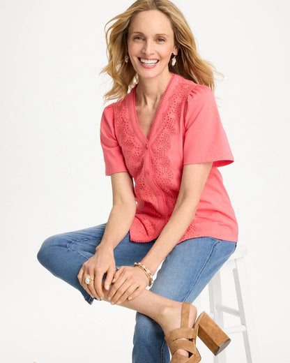 Chico's Embroidered Button-Front Tee