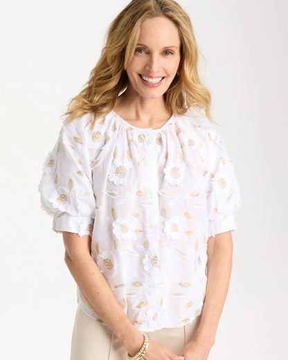 Chico's Cotton Metallic Applique Embroidered Top