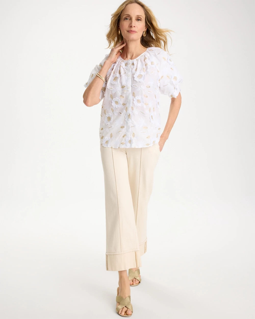 Chico's Cotton Metallic Applique Embroidered Top