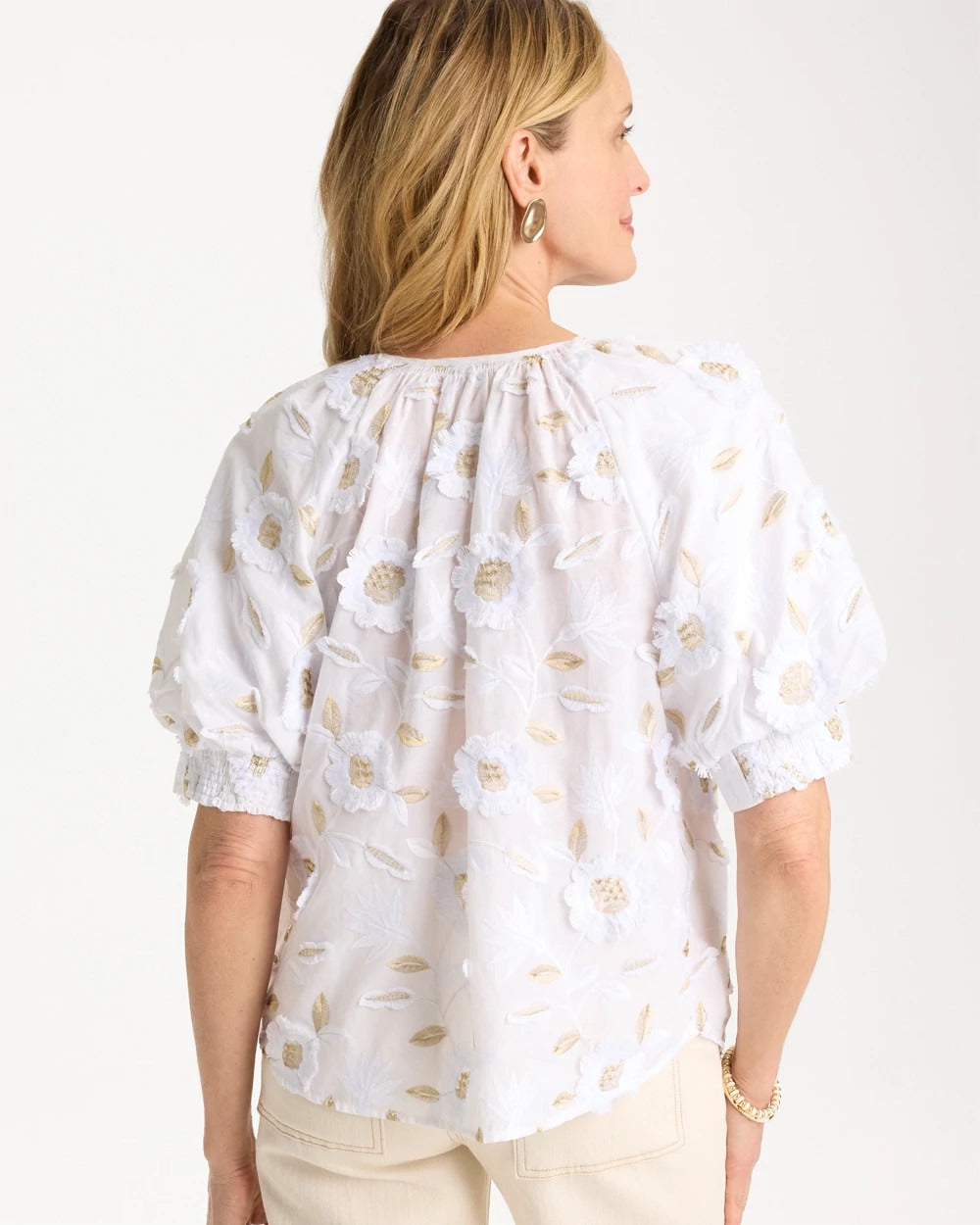 Chico's Cotton Metallic Applique Embroidered Top