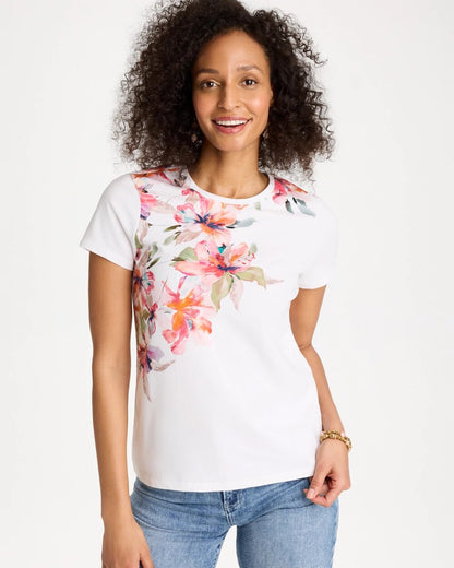 Chico's Cotton Stretch Ethereal Floral Cap Sleeve Tee