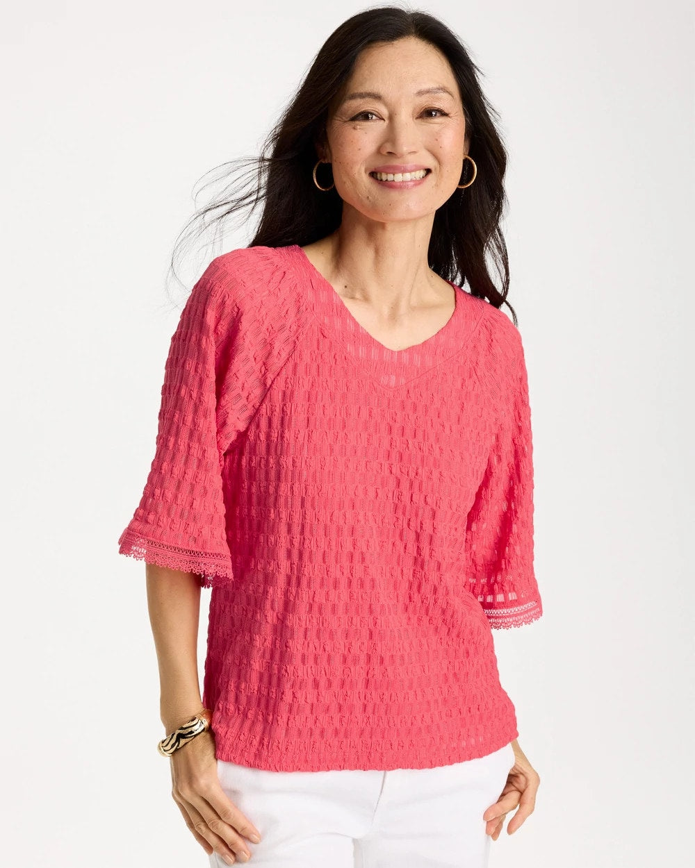 Chico's Crinkle Lace Knit Raglan Tee