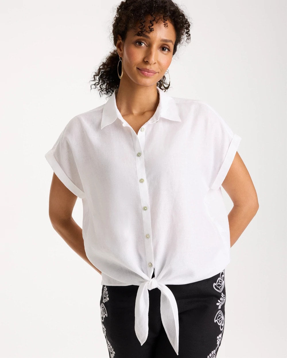 Chico's No Iron™ Linen Tie-Front Cap Sleeve Shirt