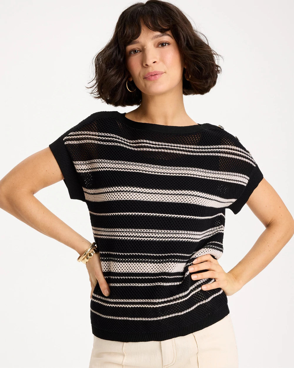 Chico's Striped Mesh Stitch Pullover Sweater