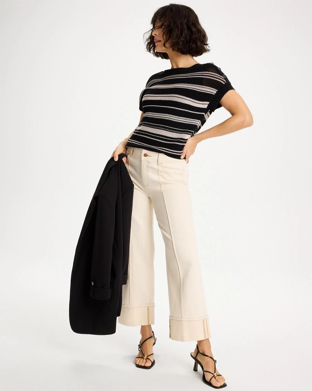 Chico's Striped Mesh Stitch Pullover Sweater