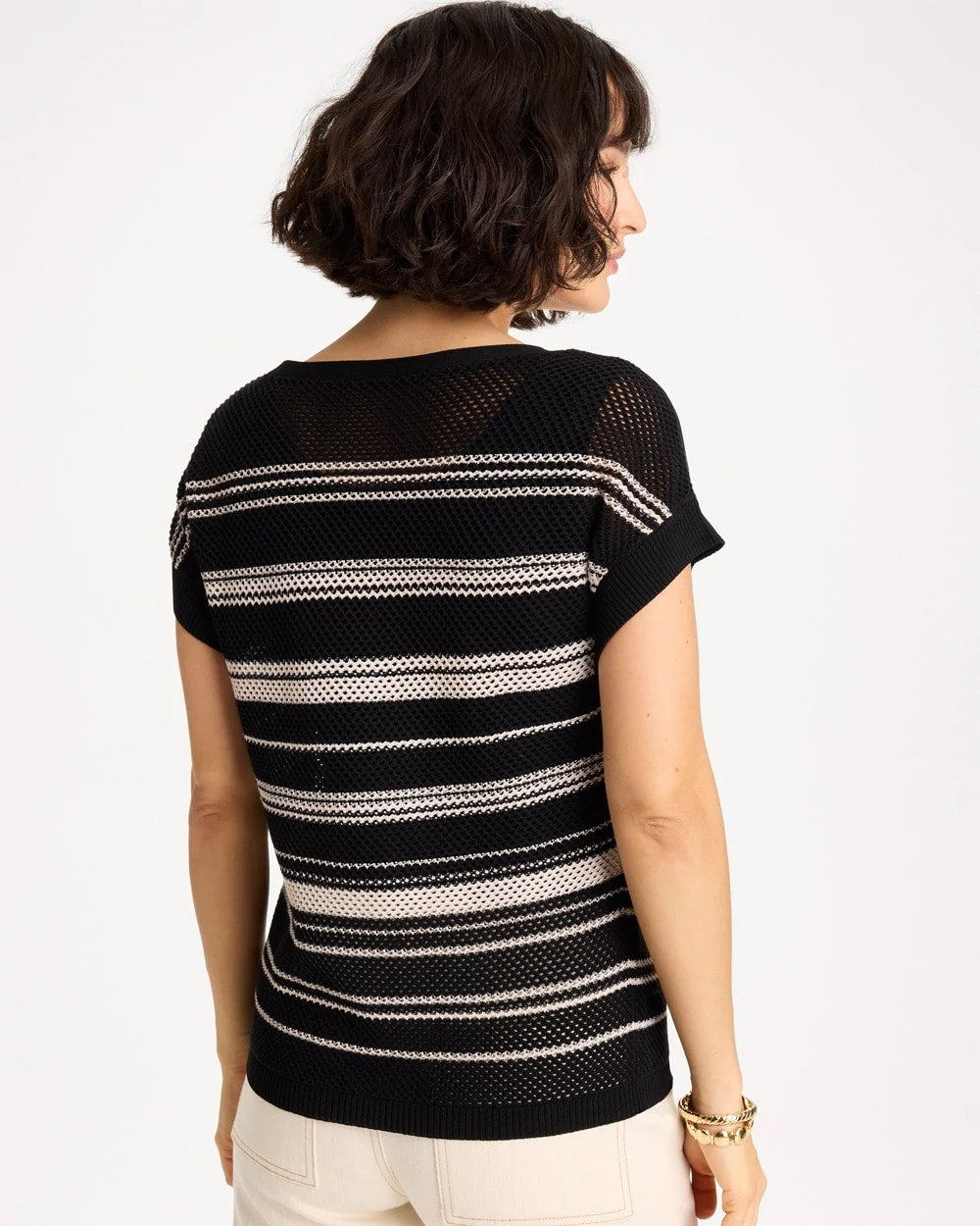 Chico's Striped Mesh Stitch Pullover Sweater
