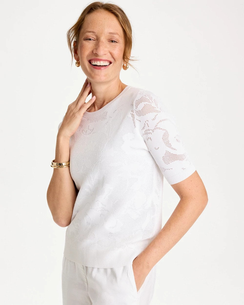 Chico's Ella Short-Sleeve Pointelle Sweater