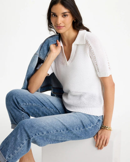 Chico's Sequin Pointelle Pullover Polo Sweater